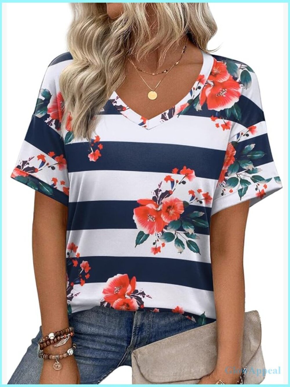 Cute Floral V-Neck Short Sleeve Tee Blouse Summer Casual